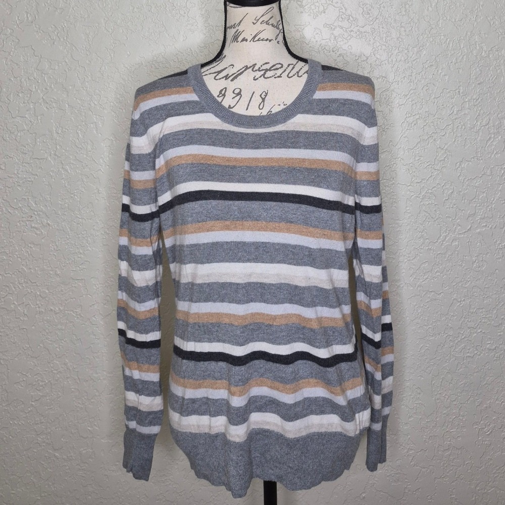 Worthington Womens Striped Crew Neck Sweater Grey Tan Black Size Large